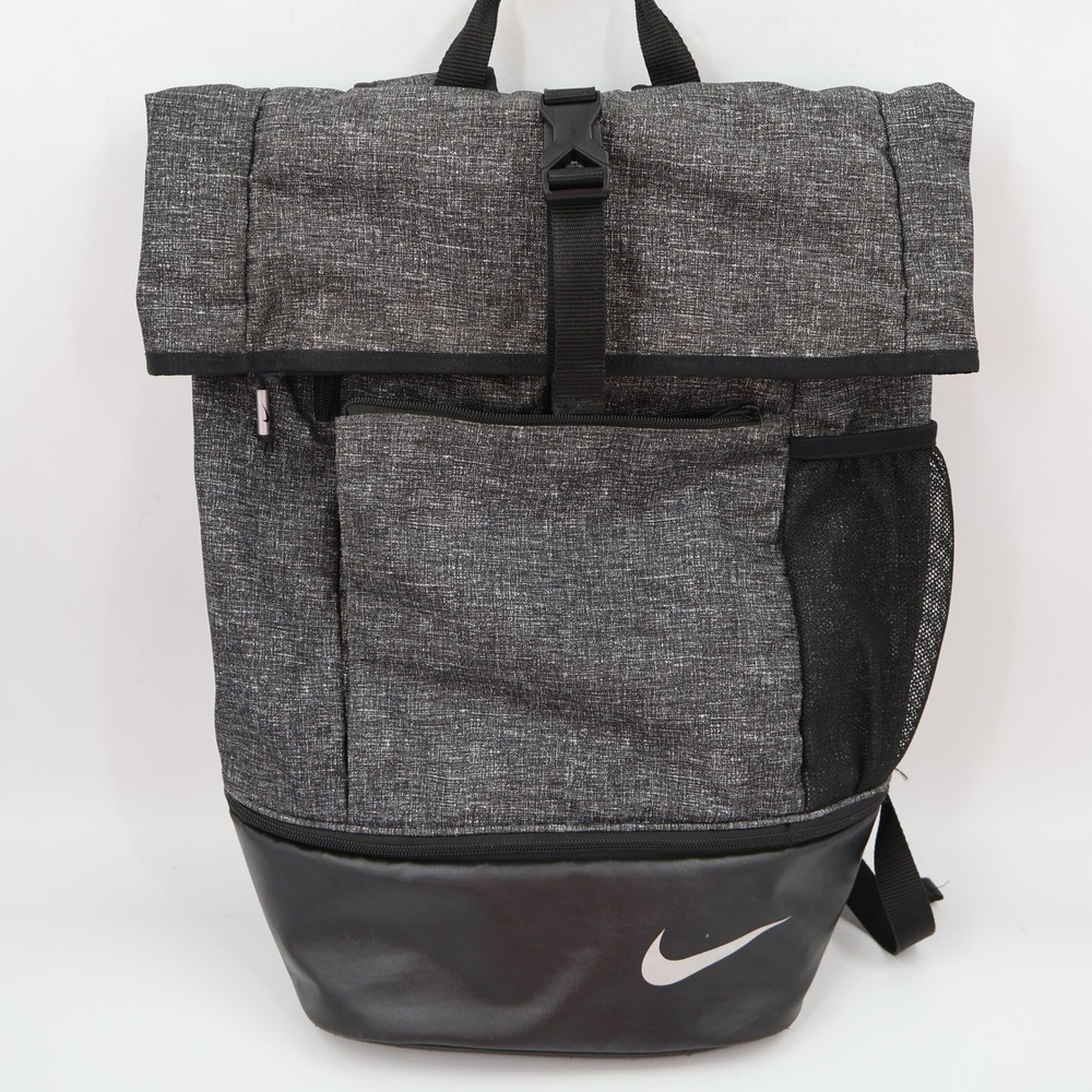 Nike Roll Top Backpack Unisex OS Grey Black Heathered Swoosh Logo Buckle